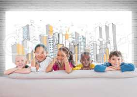 Group of children standing in front of city drawing on screen