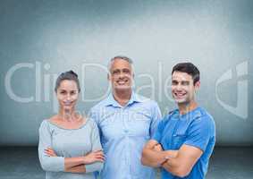 Group of people in front of blue background