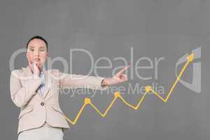 Business woman pointing to the rich against grey background with yellow arrow