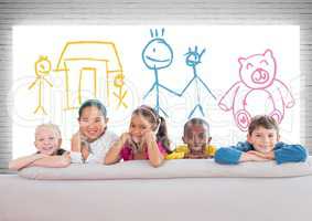 Group of children standing in front of colorful children's drawings