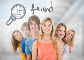 Group of young people standing in front of friend text with magnifying glass search icon