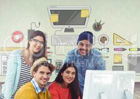 Group of people on computer in front of office desk graphics