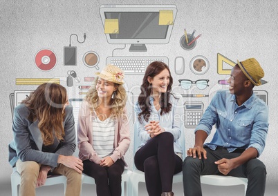 Group of people sitting in front of office desk graphics