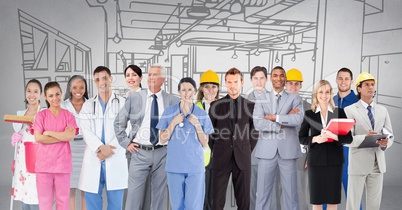 Group of people with different professions standing in front of factory drawing