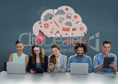 Happy business people at a desk looking at phones, computers and tablets against blue background wit