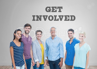 Group of people standing in front of Get Involved graphics