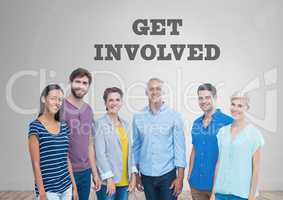 Group of people standing in front of Get Involved graphics