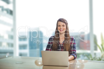 Happy  business woman at a desk using a computer