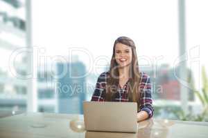 Happy  business woman at a desk using a computer