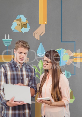 Business people looking at a computer against grey background with graphics