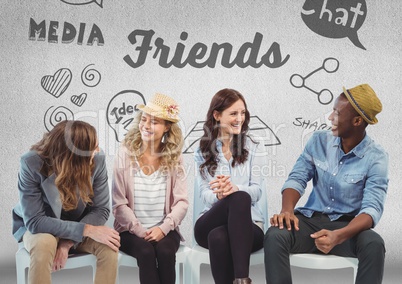 Group of people sitting in front of friends social media drawings