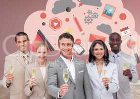 Group of business people drinking champagne in front of cloud graphics