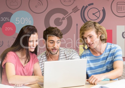 Group of friends with laptop sitting in front of  time and target graphics