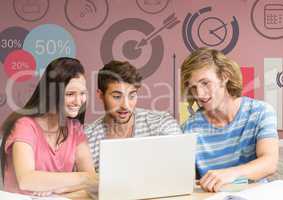 Group of friends with laptop sitting in front of  time and target graphics