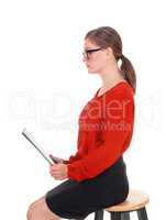 Business woman with glasses and folder.