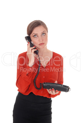 Business woman holding her old phone.
