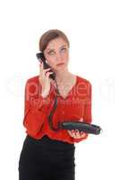 Business woman holding her old phone.