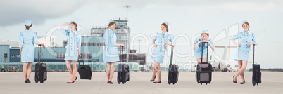 Stewardess holding baggage collage against airport background