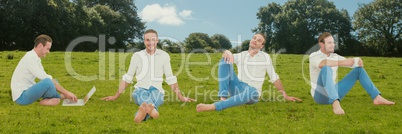 Happy man sitting collage against field background