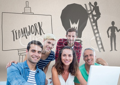 Group of people on laptop in front of Teamwork graphics