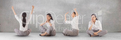 Business woman sitting collage against grey background