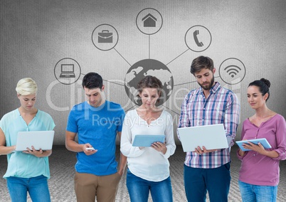 Group of friends standing in front of blank grey background with devices and network world graphics
