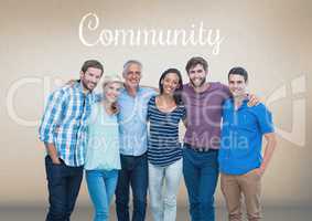Group of people standing in front of Community text