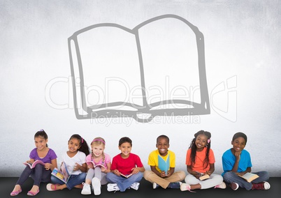 Group of children sitting in front of book graphic