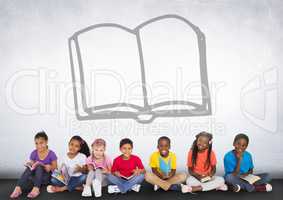 Group of children sitting in front of book graphic