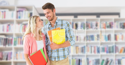 Students in front of library bookshelves background