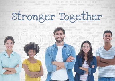 Group of people standing in front of stronger together text