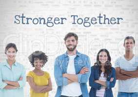 Group of people standing in front of stronger together text