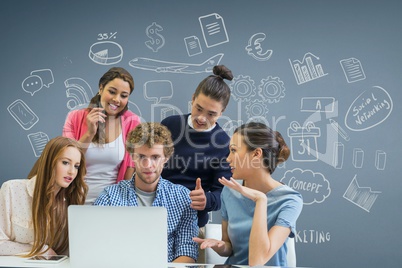 Business people at a desk looking at a computer against blue background with graphics