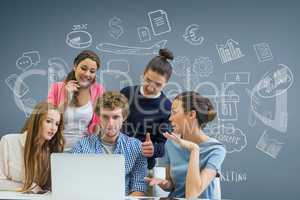 Business people at a desk looking at a computer against blue background with graphics