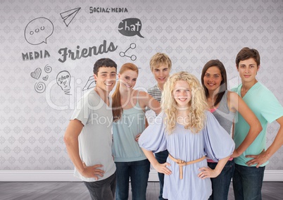 Group of young adults standing in front of friends and social media text