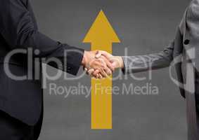 Business people shaking hands against grey background with a yellow arrow