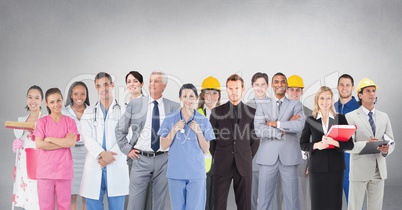 Group of people with different professions standing in front of blank grey background