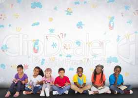 Group of children sitting in front of colorful graphics
