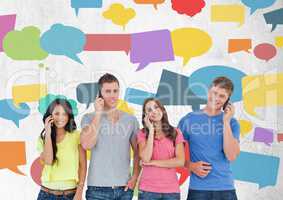 Group of friends talking on phones in front of colorful chat bubbles
