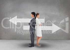 Business people standing against grey background with white arrows