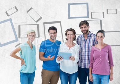 Group of people standing in front of Tablet and mobile devices graphics