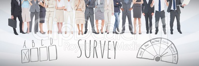 Group of business people standing in front of survey graphics