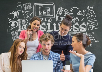 Business people at a desk looking at a computer against grey background with graphics