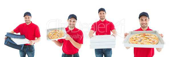 Delivery man holding pizza collage