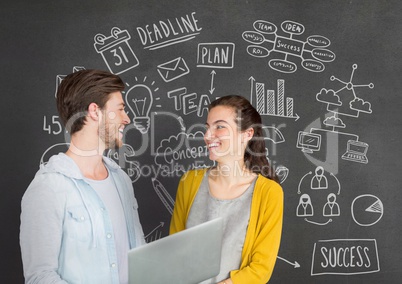 Happy business people talking against grey background with graphics