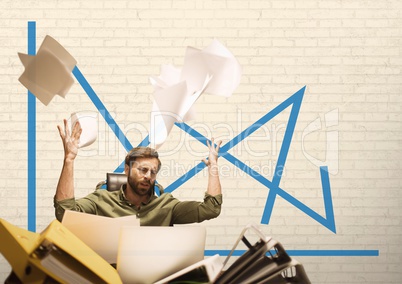 Frustrated business man throwing paper against white background with blue graphics