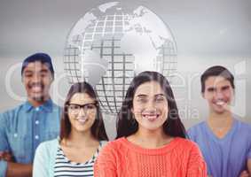 Group of multinational people in front of world globe