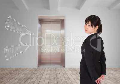 Business woman standing against white room background with white arrows