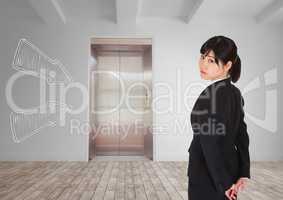 Business woman standing against white room background with white arrows