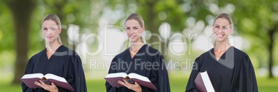 Judge woman holding a book collage against park background